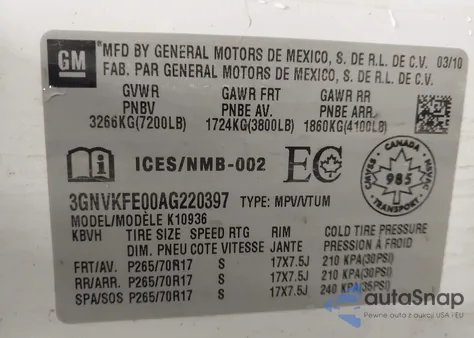 2010 Chevrolet Avalanche 1500 Lt1 z USA, uszkodzony, nr VIN 3GNVKFE00AG220397